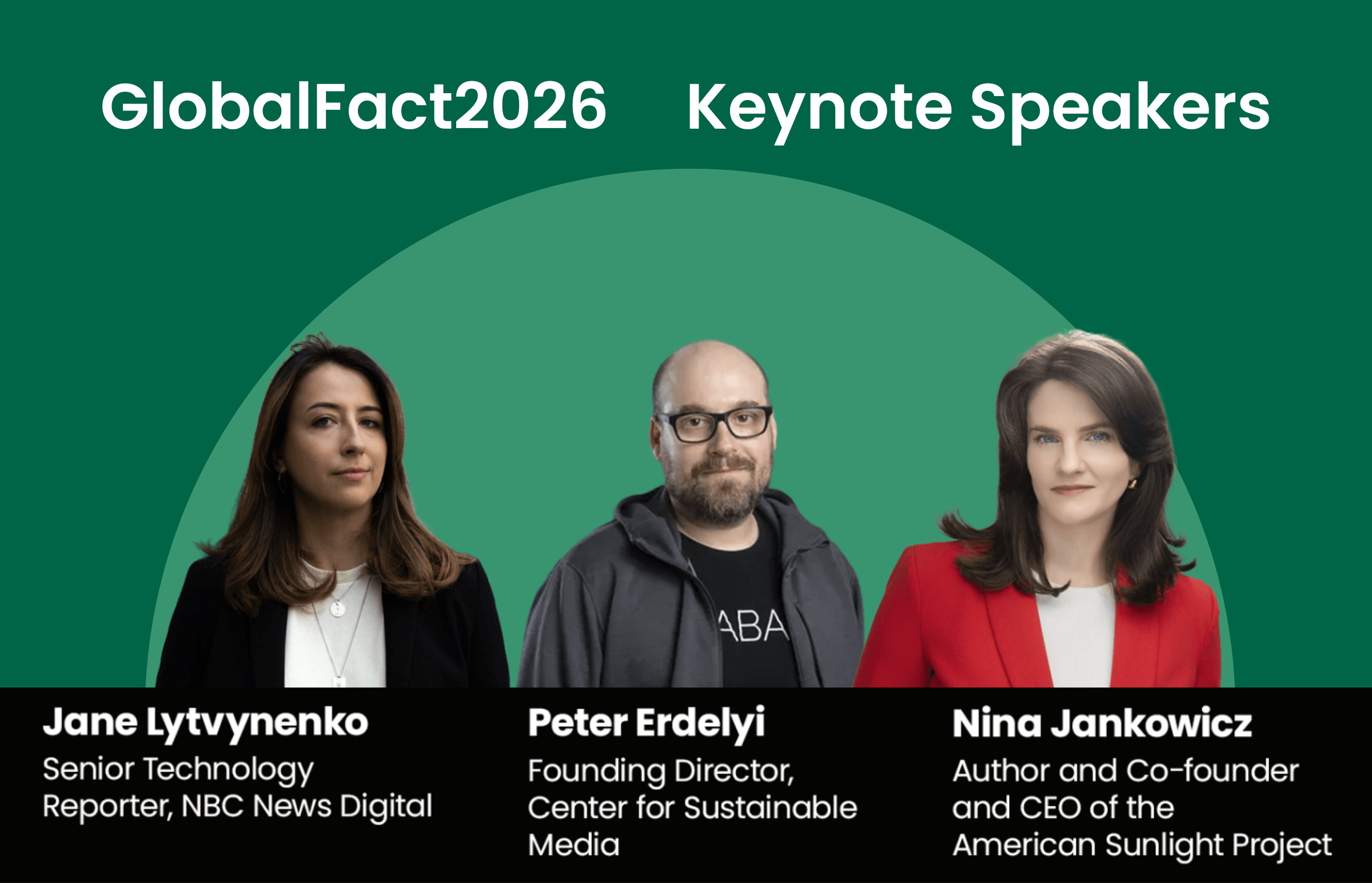 lobalFact 2026 as keynote speakers. Nina Jankowicz, Jane Lytvynenko and Peter Erdelyi